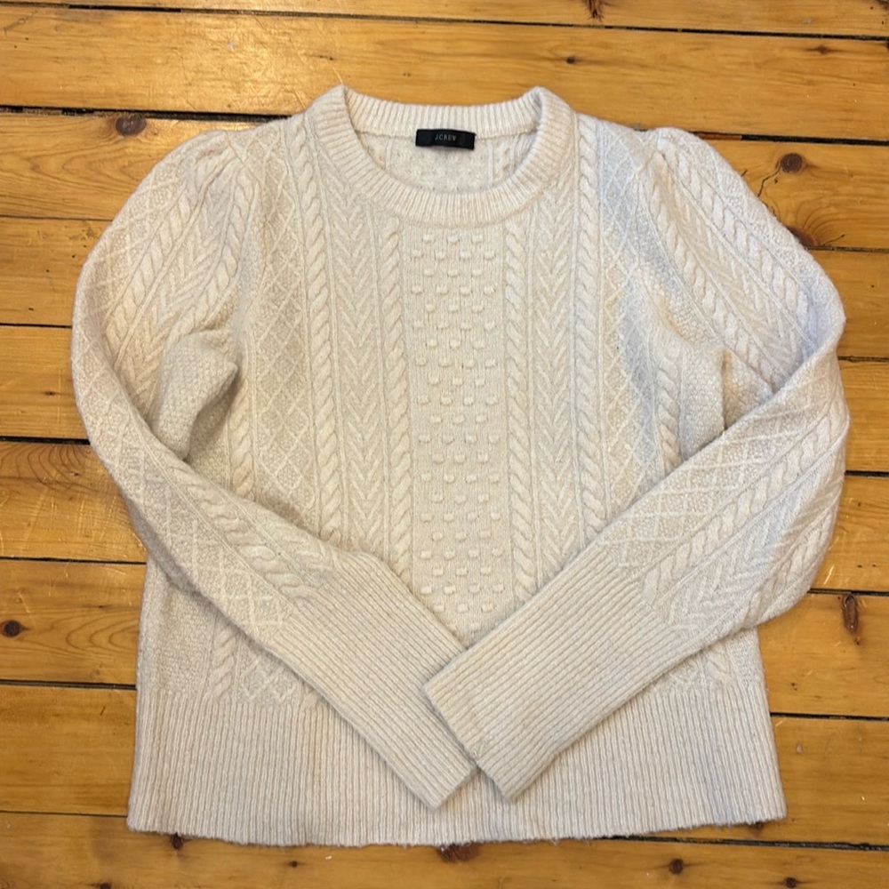 J.Crew Puff Sleeve Cable Knit Cream Sweater